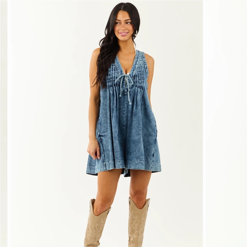 Dark Acid Wash Pleated Relaxed Denim Romper